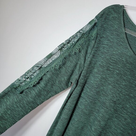 Knox Rose Green Top Plus Size XXL Crochet Lace Long Sleeve Shark Bite Hem Ribbed - Picture 3 of 7